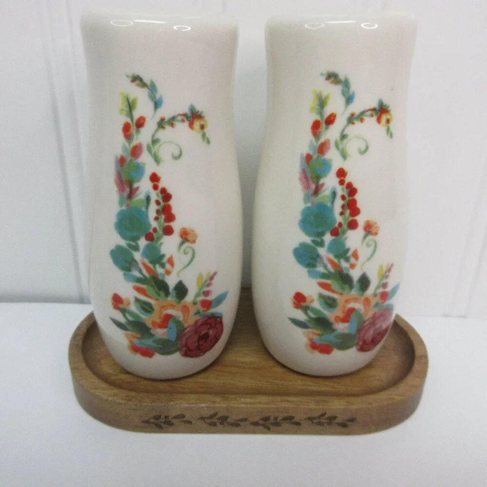 Pioneer Woman Painted Meadow Salt Shakers Acacia Wood Base Floral White